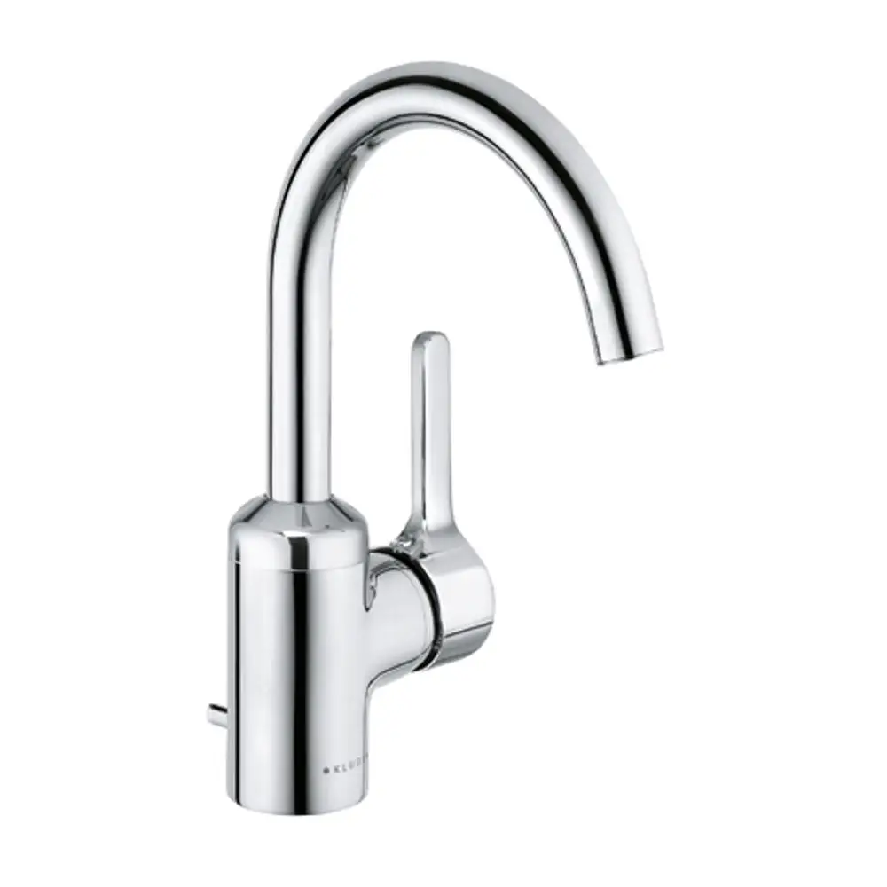 Chromfarbener Waschtischmischer von Kludi mit hohem, geschwungenem Auslauf und seitlichem Hebel. Ausstattung mit Anschlagbegrenzung zur Steuerung des Wasserflusses.